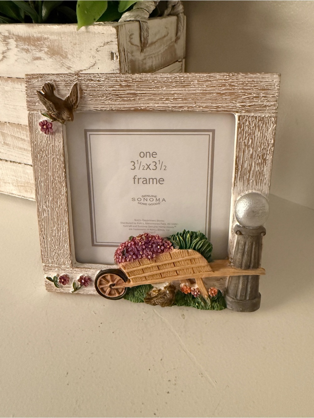 Sonoma Home Goods Cottage Garden Photo Frame NIP 3.5x3.5 Wheelbarrow Bird Floral